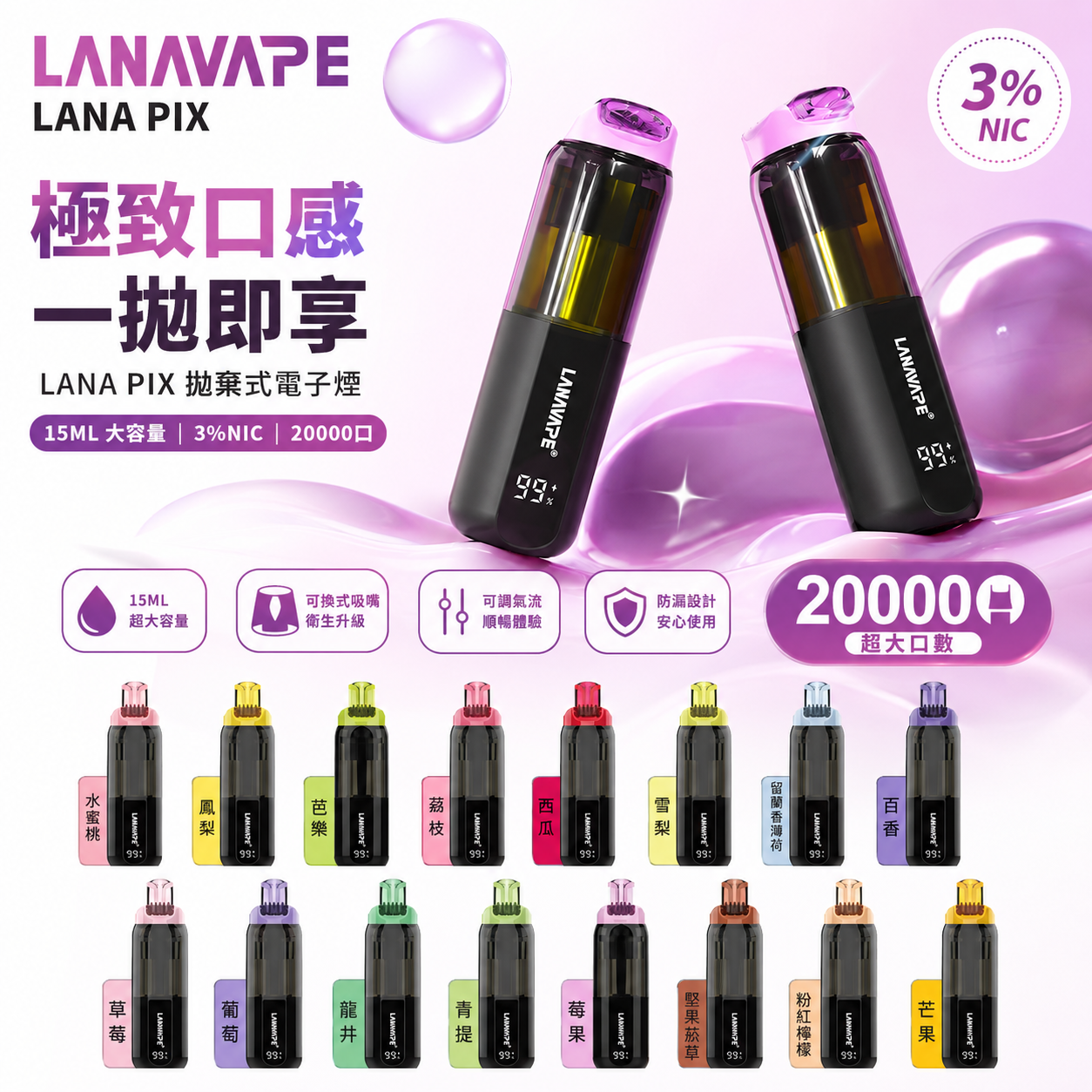 【LANA PIX 閃光彈】一次性20000口大容量拋棄式｜15ML 巨無霸容量｜ 20W 強勁霧化｜油芯分離黑科技｜VAKA糖果雲煙館