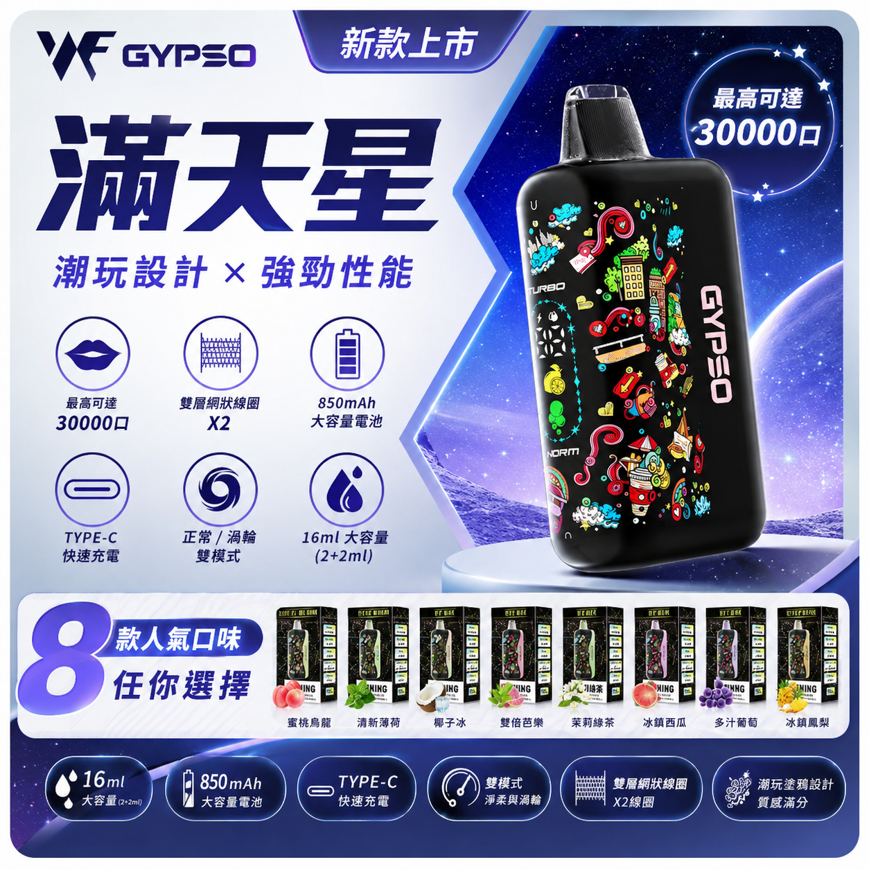 【GYPSO滿天星拋棄式30000口】2026年最強超大容量拋棄式電子煙 | 雙模式Turbo爆煙・炫彩燈光 | 王嘉尔同款-VAKA糖果雲煙館